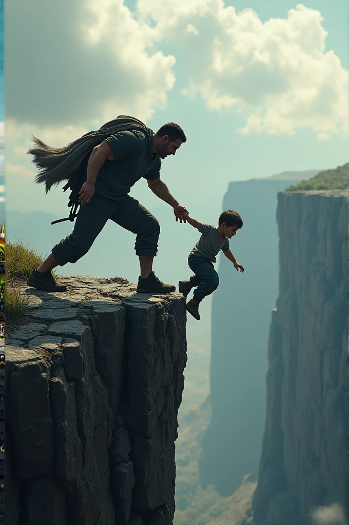 A father holding the hand of his son who is falling off a cliff