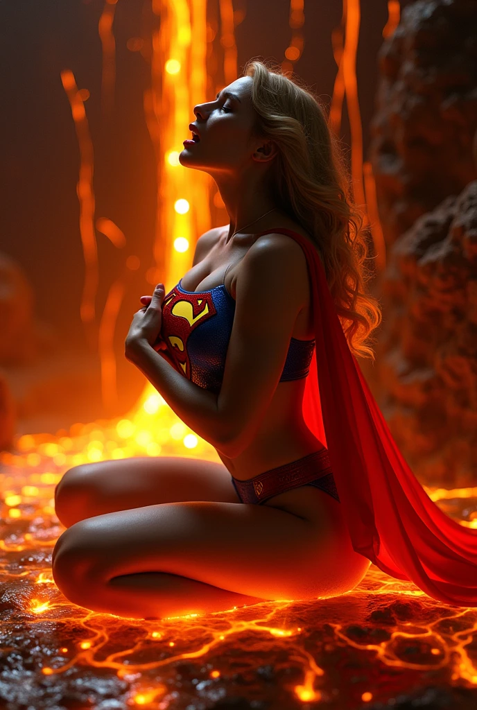 (NSFW:1.7) A SEXY FEMALE WEARING A SUPERGIRL COSTUME AND CAPE SITTING ON A LAVA CHAMBER, PARTIALLY NUDE, ARCHED BACK MOANING AS SHE GRABS HER BOOBS. A VISUAL OF THE LAVA STREAM SEEPING AND FLOWING OUR FROM HER EXPOSED SUPERGIRL PUSSY.