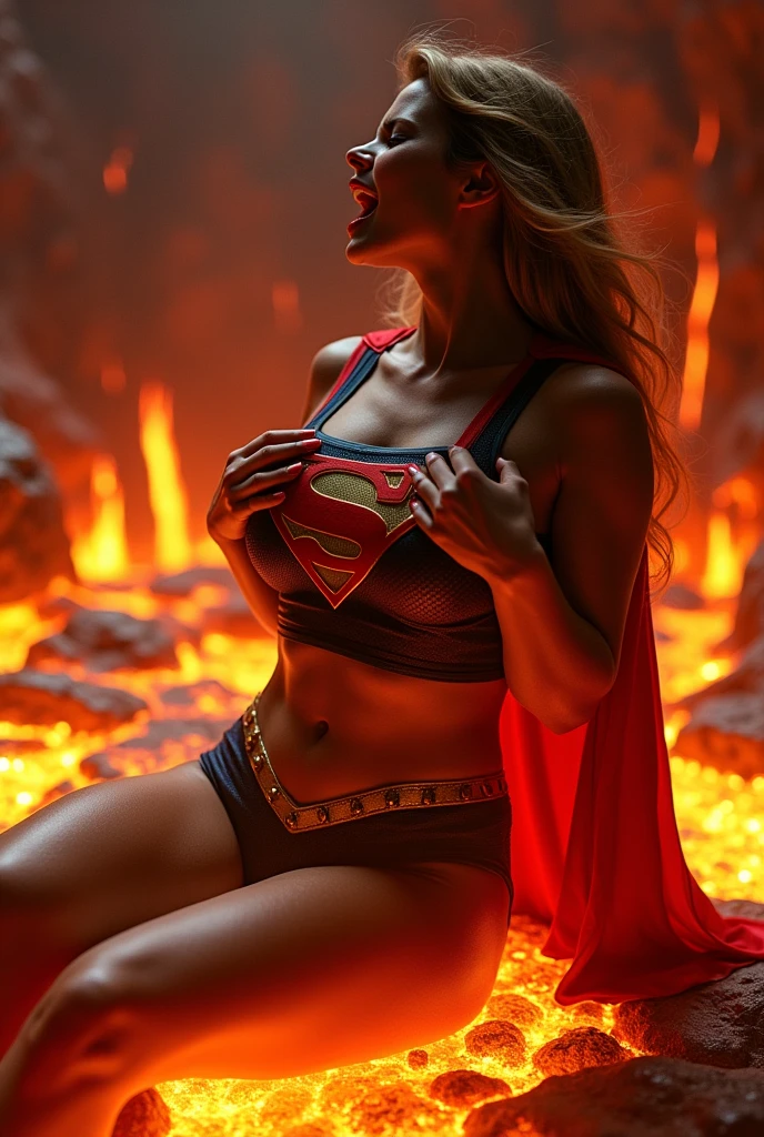(NSFW:1.7) A SEXY FEMALE WEARING A SUPERGIRL COSTUME AND CAPE SITTING ON A LAVA CHAMBER, PARTIALLY ????, ARCHED BACK MOANING AS SHE GRABS HER BOOBS. A VISUAL OF THE LAVA STREAM SEEPING AND FLOWING OUR FROM HER EXPOSED SUPERGIRL PUSSY.