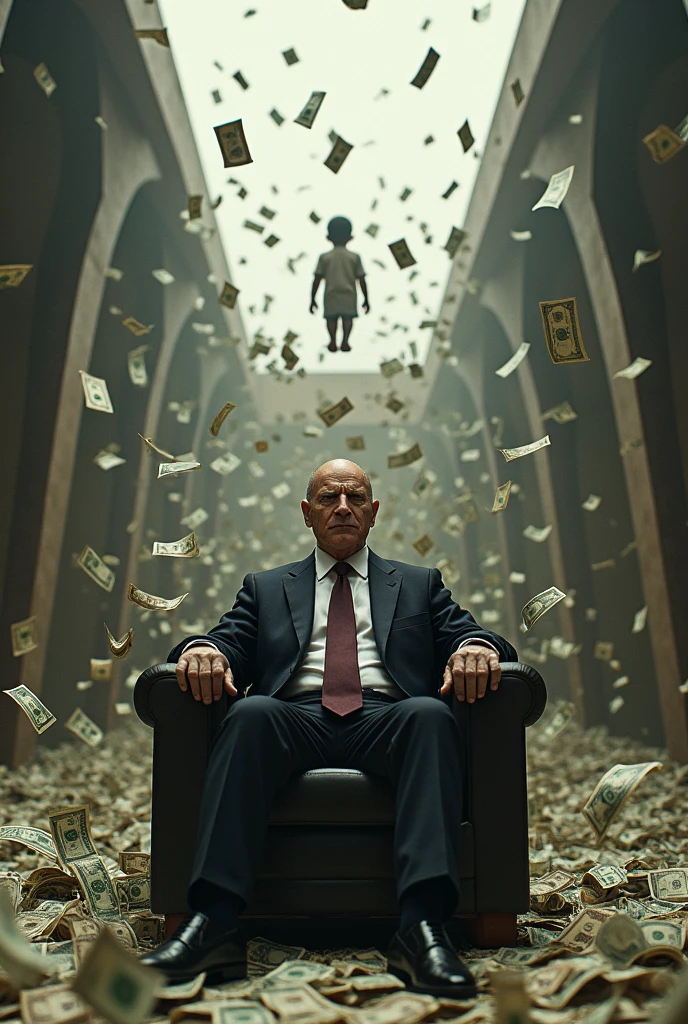 Create an image of a politician sitting in Brasilia under a shower of dollars while in the distance a hungry child is separated from him by an abyss.