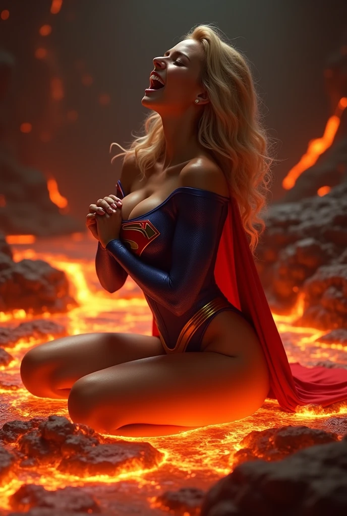 (NSFW:1.7) A SEXY FEMALE WEARING A SUPERGIRL COSTUME AND CAPE SITTING ON A LAVA CHAMBER, PARTIALLY NUDE, ARCHED BACK MOANING AS SHE GRABS HER BOOBS. A VISUAL OF THE LAVA STREAM SEEPING AND FLOWING OUR FROM HER EXPOSED SUPERGIRL PUSSY.