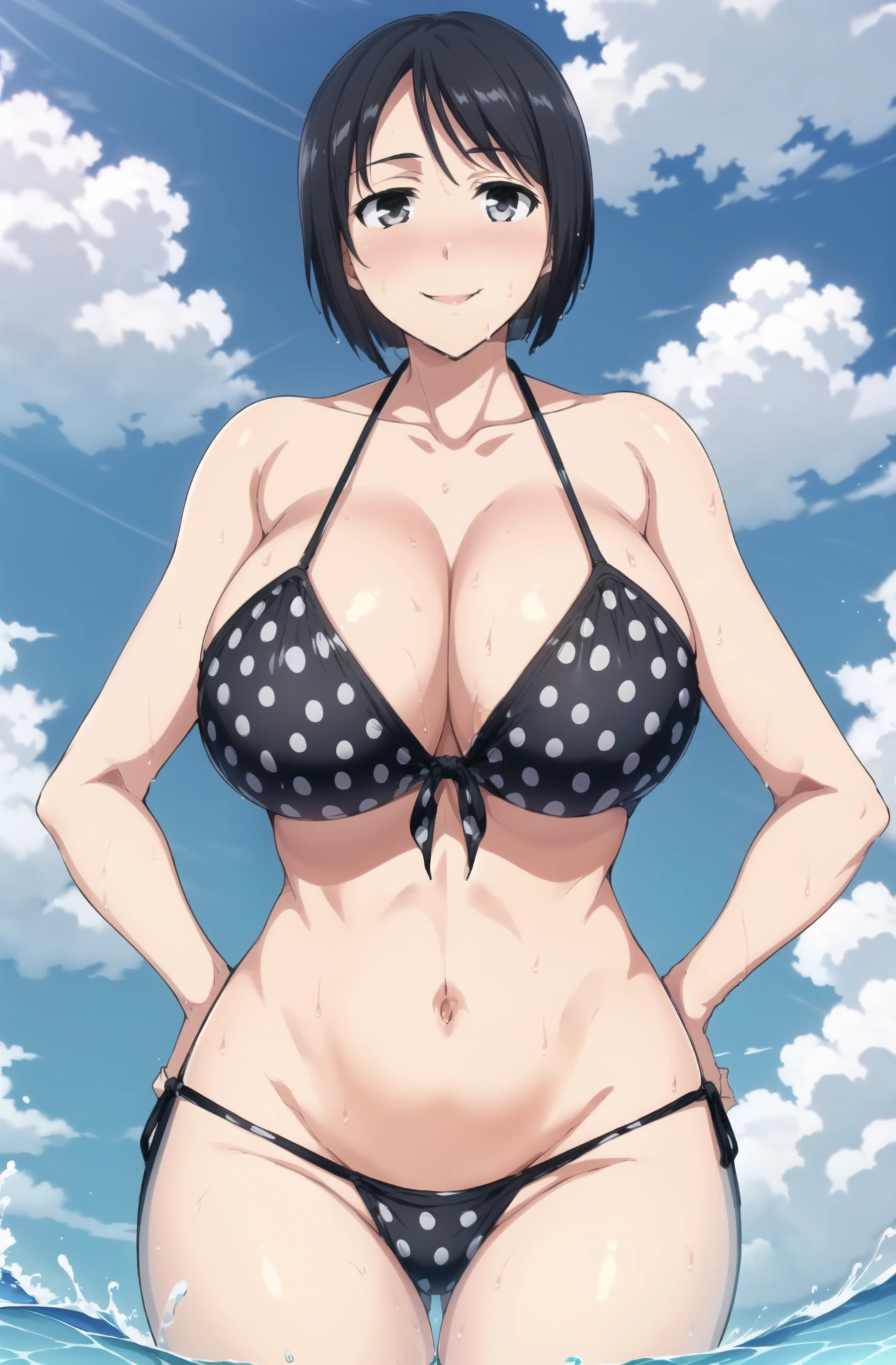 1girl, breasts, solo, swimsuit, bikini, bob cut, black hair, short hair, cleavage, polka dot bikini, blush, polka dot, day, sky, smile, huge breasts, wide hips, cloud, outdoors, looking at viewer, black eyes, water, , black bikini, front-tie top, blue sky, wet, ocean, collarbone, (MAaster piece: 1.0), (best_quality: 1.0), ultra high resolution, 4K, ultra detailed, photography, 8K, HDR,