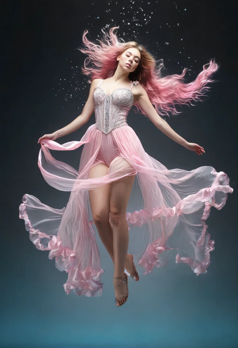 light pink, dark pink, light blue, purprle full body In a breathtakingly sharp 8K resolution, capture a stunning white woman suspended in mid-air against a stark, plain black background. Her long, wavy dark pink hair cascades down her back like a waterfall of nightfall hues. She wears a delicate light pink corset and a flowing ribbon dress that drapes elegantly around her form. A halo of light pink ribbons floats serenely around her, as if carried by an invisible breeze. Her hyper-detailed facial features shine with a gentle glow: rose-kissed cheeks, a  nose, and luscious pink pouty lips that seem to whisper secrets to the universe. bare feet, which appear to defy gravity as she floats effortlessly in mid-air. full body. eyes. open