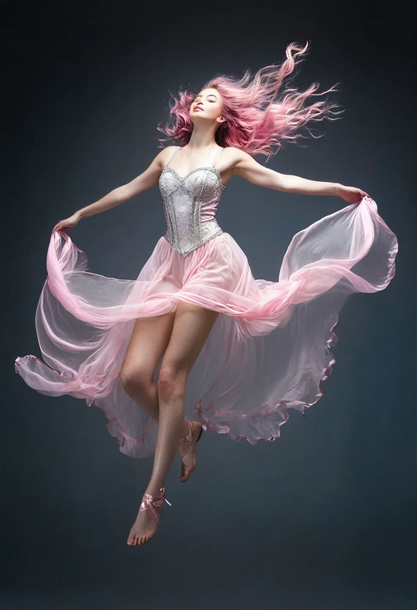 light pink, dark pink, light blue, purprle full body In a breathtakingly sharp 8K resolution, capture a stunning white woman suspended in mid-air against a stark, plain black background. Her long, wavy dark pink hair cascades down her back like a waterfall of nightfall hues. She wears a delicate light pink corset and a flowing ribbon dress that drapes elegantly around her form. A halo of light pink ribbons floats serenely around her, as if carried by an invisible breeze. Her hyper-detailed facial features shine with a gentle glow: rose-kissed cheeks, a  nose, and luscious pink pouty lips that seem to whisper secrets to the universe. bare feet, which appear to defy gravity as she floats effortlessly in mid-air. full body. eyes. open