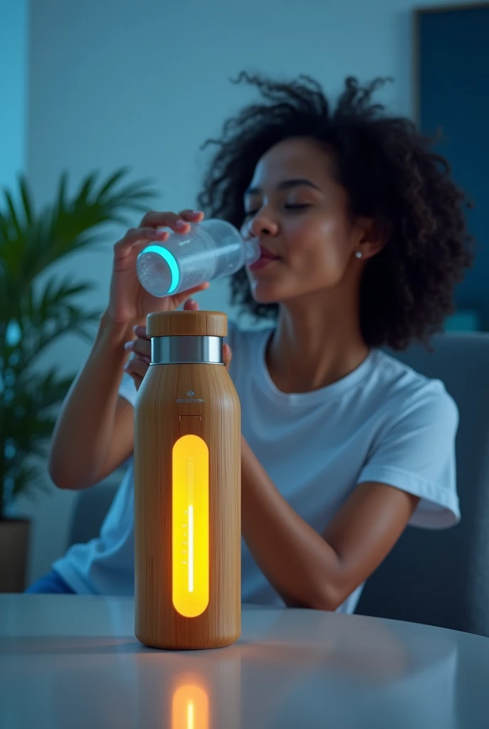 Create a banner with a bottle with LED on its bottle cap with simple lighting, yellow for when the water is hot and blue for when it is cold and in the middle of the bottle there is a temperature indicator, the bottle needs to be coated with the coloring of a bamboo, with a person drinking it while it is glowing the respective colors of the water.