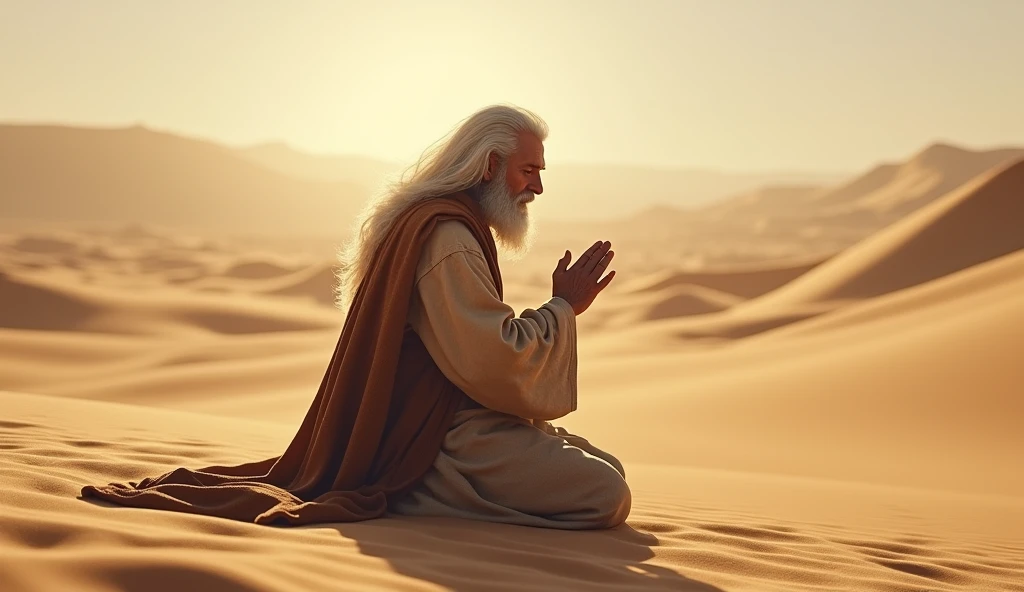 JOB WITH WHITE HAIR FROM THE BIBLE PRAYING IN THE DESERT