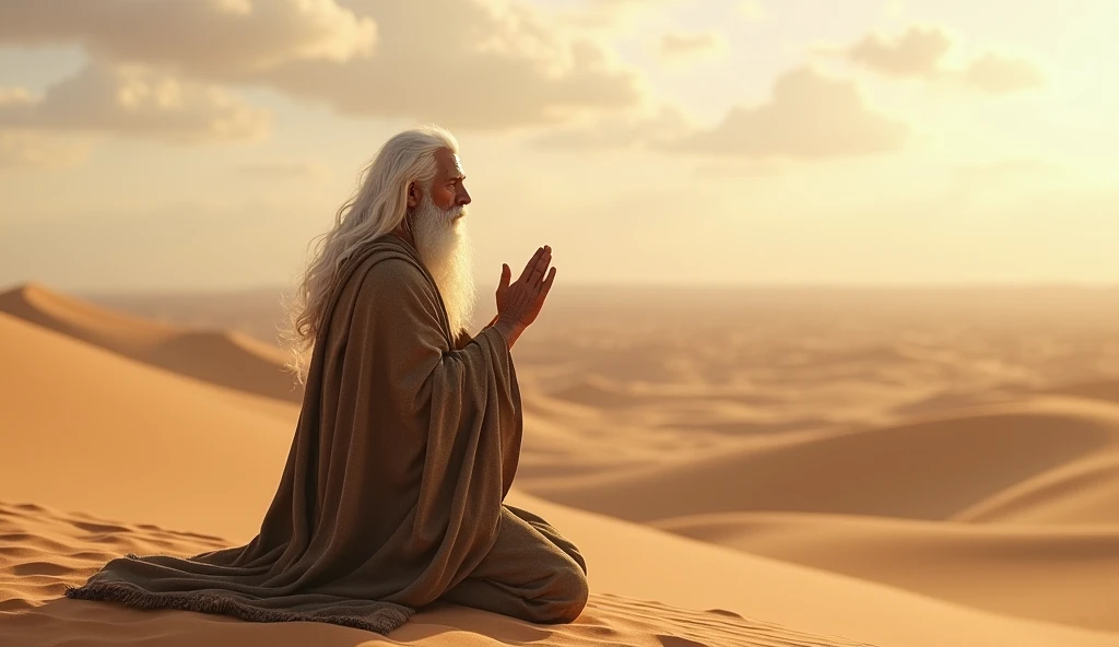 JOB WITH WHITE HAIR FROM THE BIBLE PRAYING IN THE DESERT