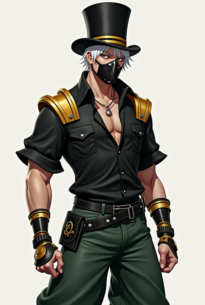Free fire style male character, black top hat with gold stripes, white hair, black metal mask, short sleeve shirt, gold shoulder bracelets, green pants, black belt, sleeveless shirt, shorth hair