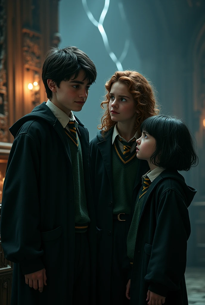 Harry Potter, hermione granger and ron weasley with a short black haired slytherin girl, very cute