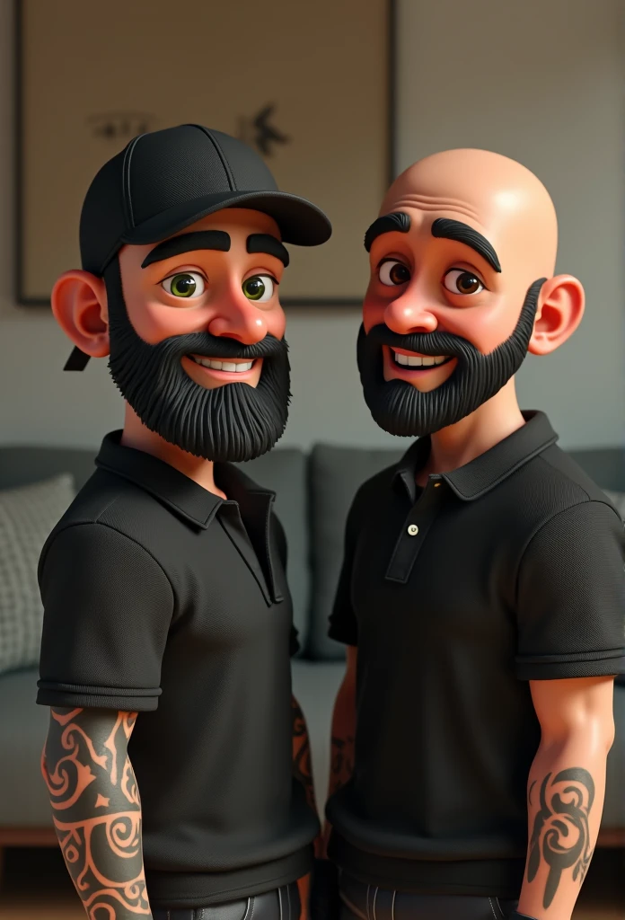 Short beard two strong cartoon characters, one of the green eyes character, medium beard, black polo shirt, Black cap, black gloves, right arm tattooed with Maori and the character two bald ,Black cap, black polo shirt, black beard, black gloves, big beard and brown eyes cartoon character, stylized character, animation style rendering, 3d stylized, Arnold Maya rendering, Stylized 3D rendering, toon render screenshot, 3d character, 3d character, Stylized 3D rendering, 3D character rendering, cartoon character, Personagem de close up, character posing, (Pixar-style) (master part:1.2) (bokeh) (best quality) (skin detailed) (detailed texture) (8k) (Argilla) (cinematic lighting) (sharp focus with 28 years of ideade, cleaning sofa