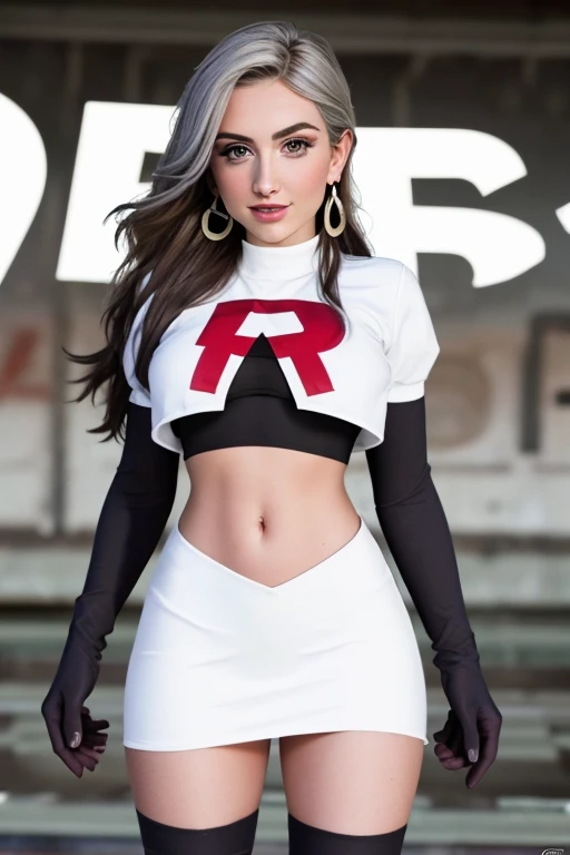 The face of Julia Michaels, 1girl, solo, team rocket,team rocket uniform,white skirt,red letter R,crop top,black thigh-highs,black elbow gloves, earrings, large breasts,