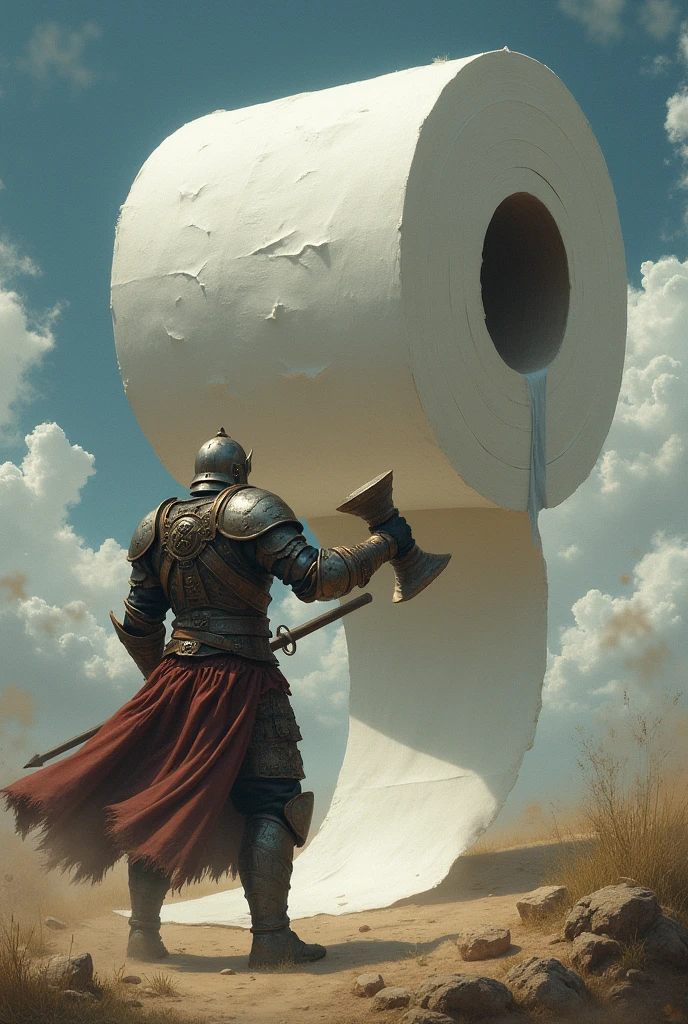 A warrior with a mace fighting a toilet paper