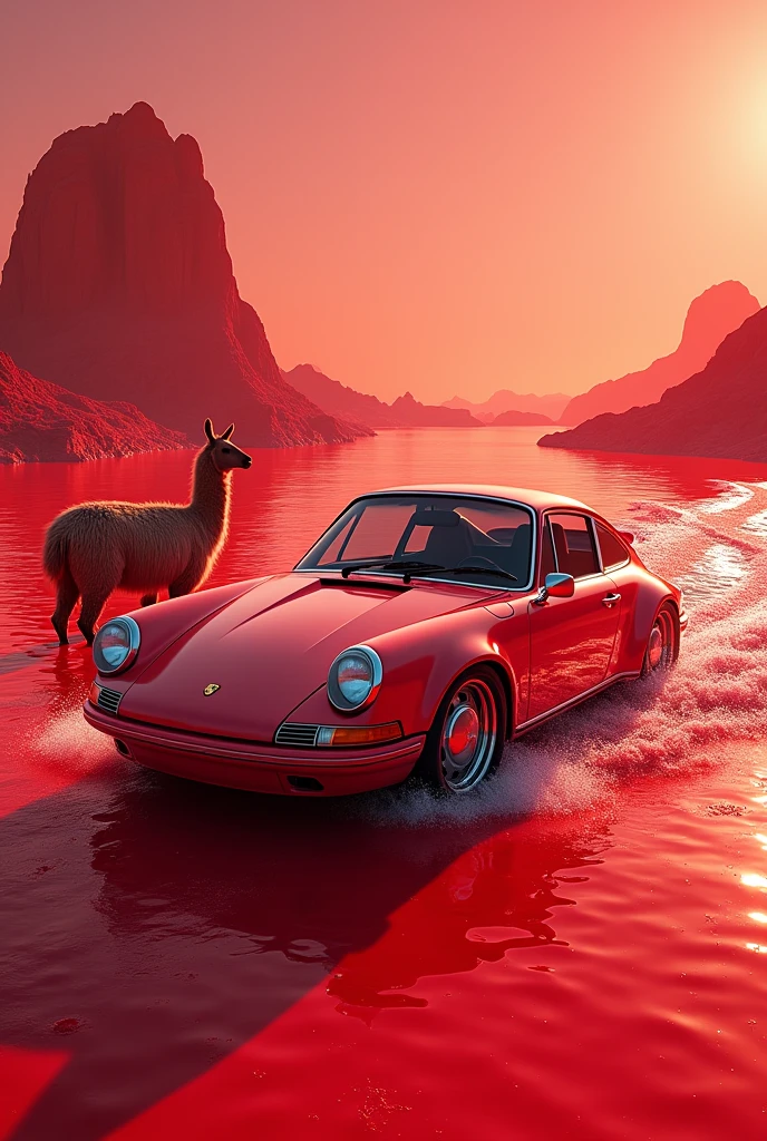 A Porsche 911 on red water in llamas