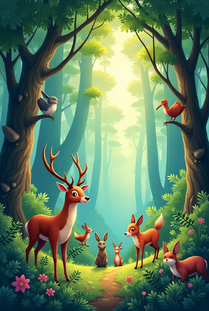 FROM THESE IMAGES YOU GENERATED, I WANT YOU TO PUT THE FULL BODY ANIMALS IN THE FOREST, 2d
