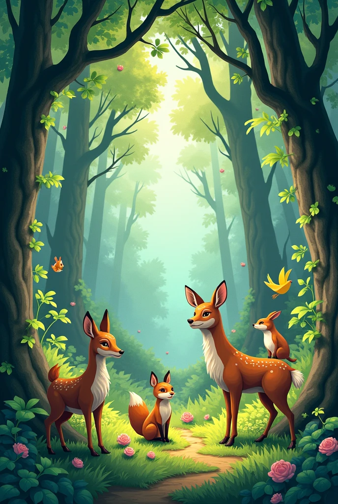FROM THESE IMAGES YOU GENERATED, I WANT YOU TO PUT THE FULL BODY ANIMALS IN THE FOREST, 2d