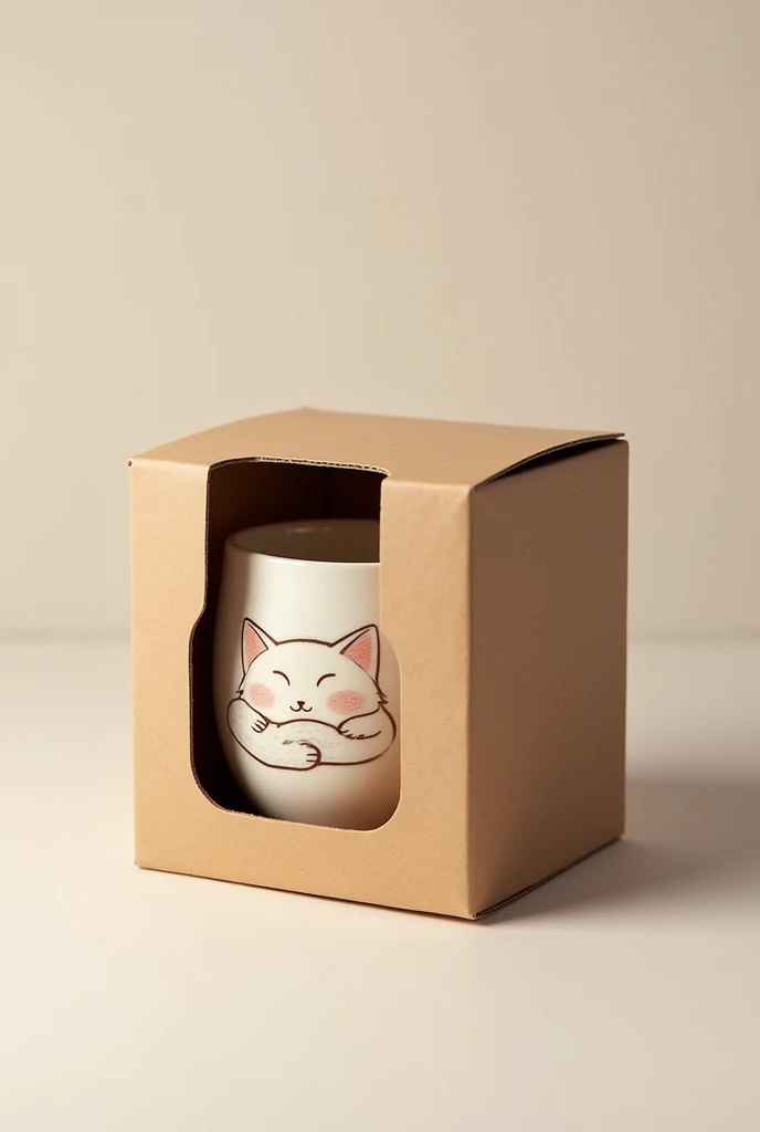 I want a shiny cardboard box with a transparent part to show the product, that has a sleeping cat printed on packaging for a cat-shaped mug