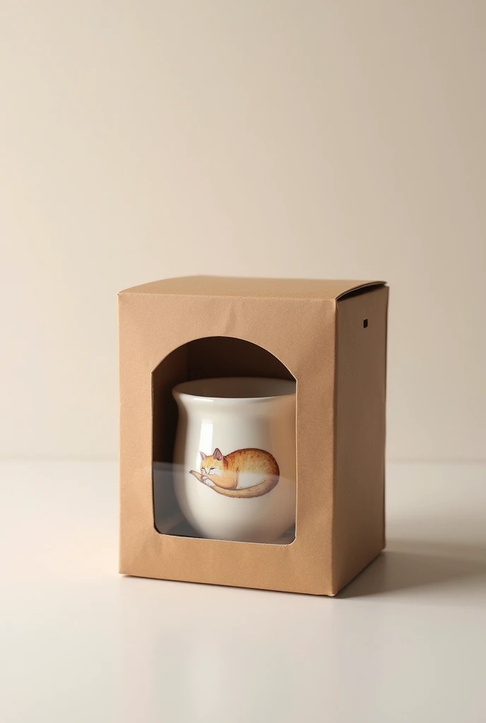 I want a shiny cardboard box with a transparent part to show the product, that has a sleeping cat printed on packaging for a cat-shaped mug