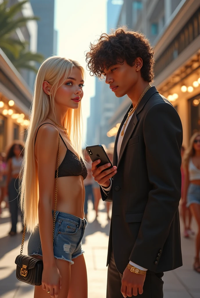 Make a tall wealthy white skin straight haired teen girl with provocative clothes and a tall wealthy white skin curly haired gay male teen with iphone