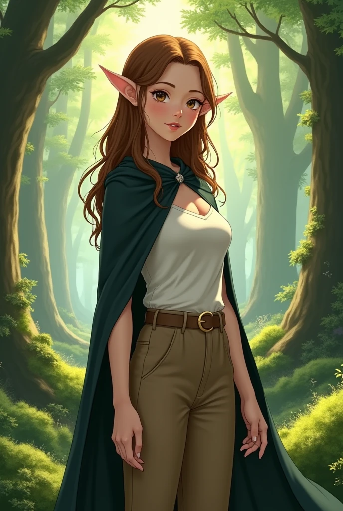 Sweet Elf woman with brown hair, brown pants and white tunica in the forest. Young woman. Black cape. elf ears. Anime realystic style. Black cape