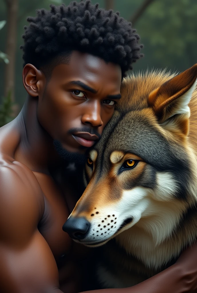 Duo, male (((werewolf, cyan eyes, dark cyan fur, bandages around waist, ear piercing, braids, blue shorts))) licking cheek, (((golden retriever, black shorts, cum inflated))) hand on waist, topless, forest, night, cave, cuddling, by darkgem, by mystikfox61, by glitter trap boy