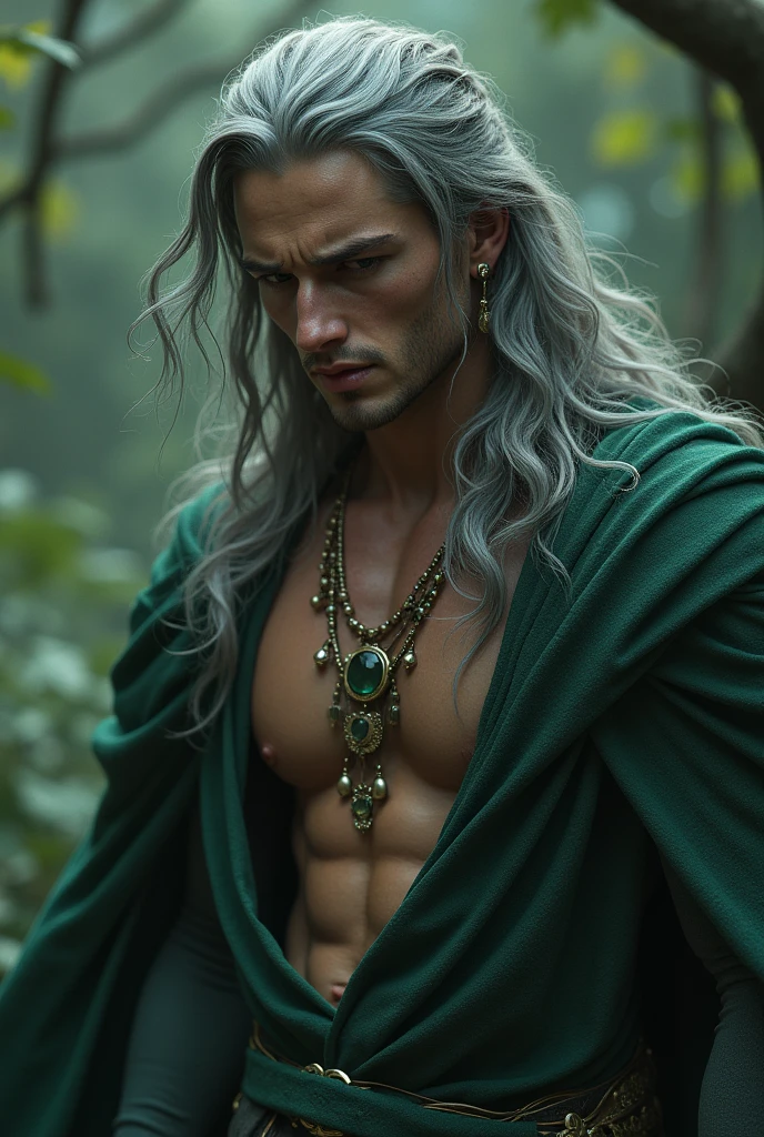 Young in love fantasy man with broken heart from fantasy world, sadness, betrayal, sorrow, anger, very beutiful young man with hunting dark big emerald green eyes full of tires, long silky like gray hair beautiful hair, athletic, king in fantasy world, broken and sad because his loved one cheated on him, so young, so broken