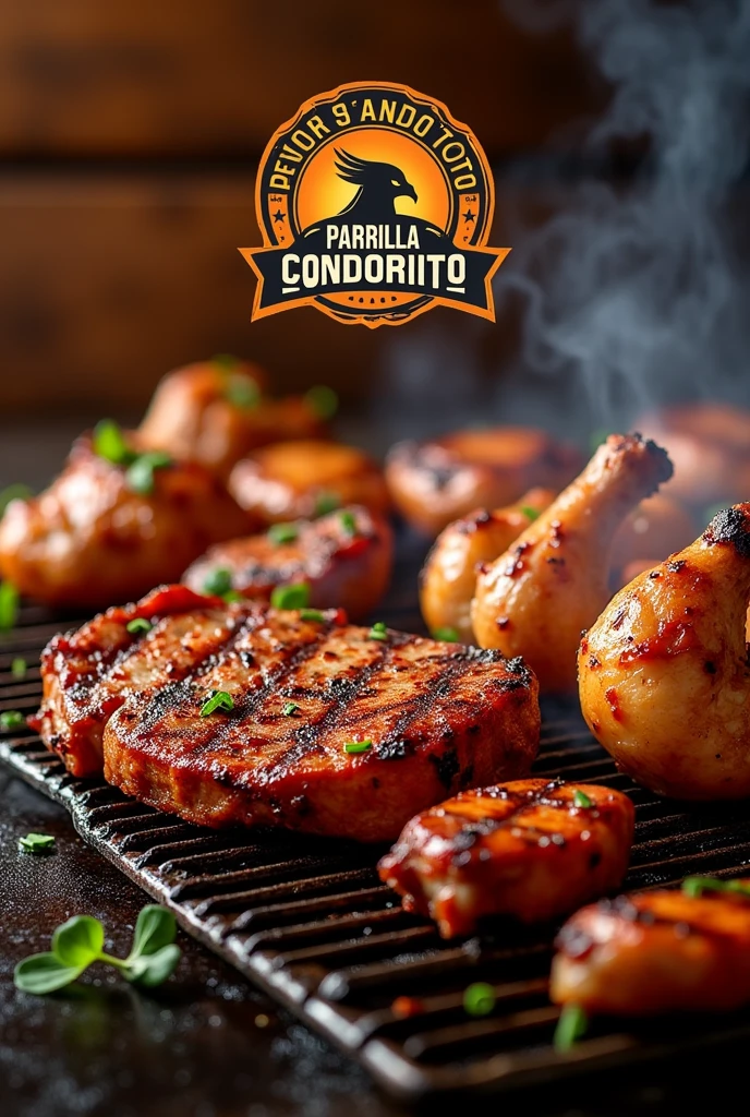 An advertisement for chicken and grilled meat and its name that is legible Parrilla Condorito that does not show any animal or figure
