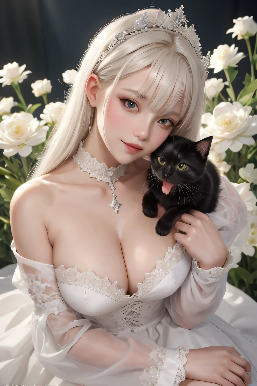 a woman with long curvy platinum blonde hair and white flowers in her hair is laying down in a field of white flowers, using a beautiful white dress with flowers ornament and long sleeves, the dress accentuates the body and has a high collar, the woman with golden eyes and delicate curves, the discreet smile that stands out on her doll-like lips, at her side a black cat with a red bow around its neck, the black cat is on her lap receiving affection and wearing a crown of white flowers, attention to detail, sharpness, vivid colors, focus, realistic details, ultra hd, dynamic poses, (amy sol:0.248), (stanley artgerm lau:0.106), (a detailed painting:0.353), (gothic art:0.106)