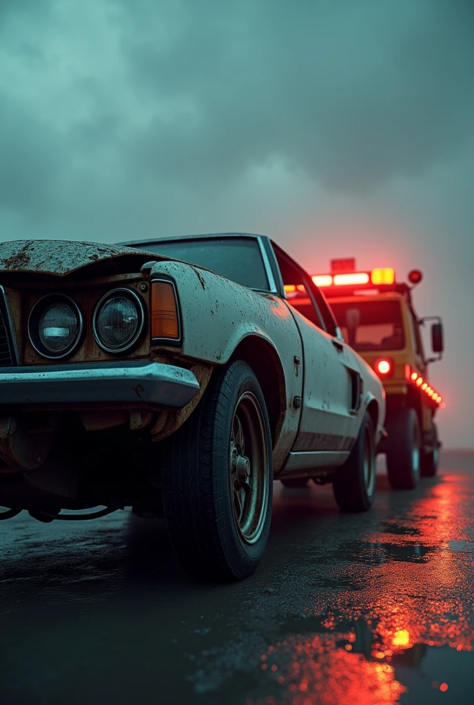 a wrecked car on a tow truck, SOS Guincho written on the side, realistic, photorealistic, 8K, masterpiece, detailed, intricate, cinematic lighting, dramatic composition, vibrant colors, moody atmosphere