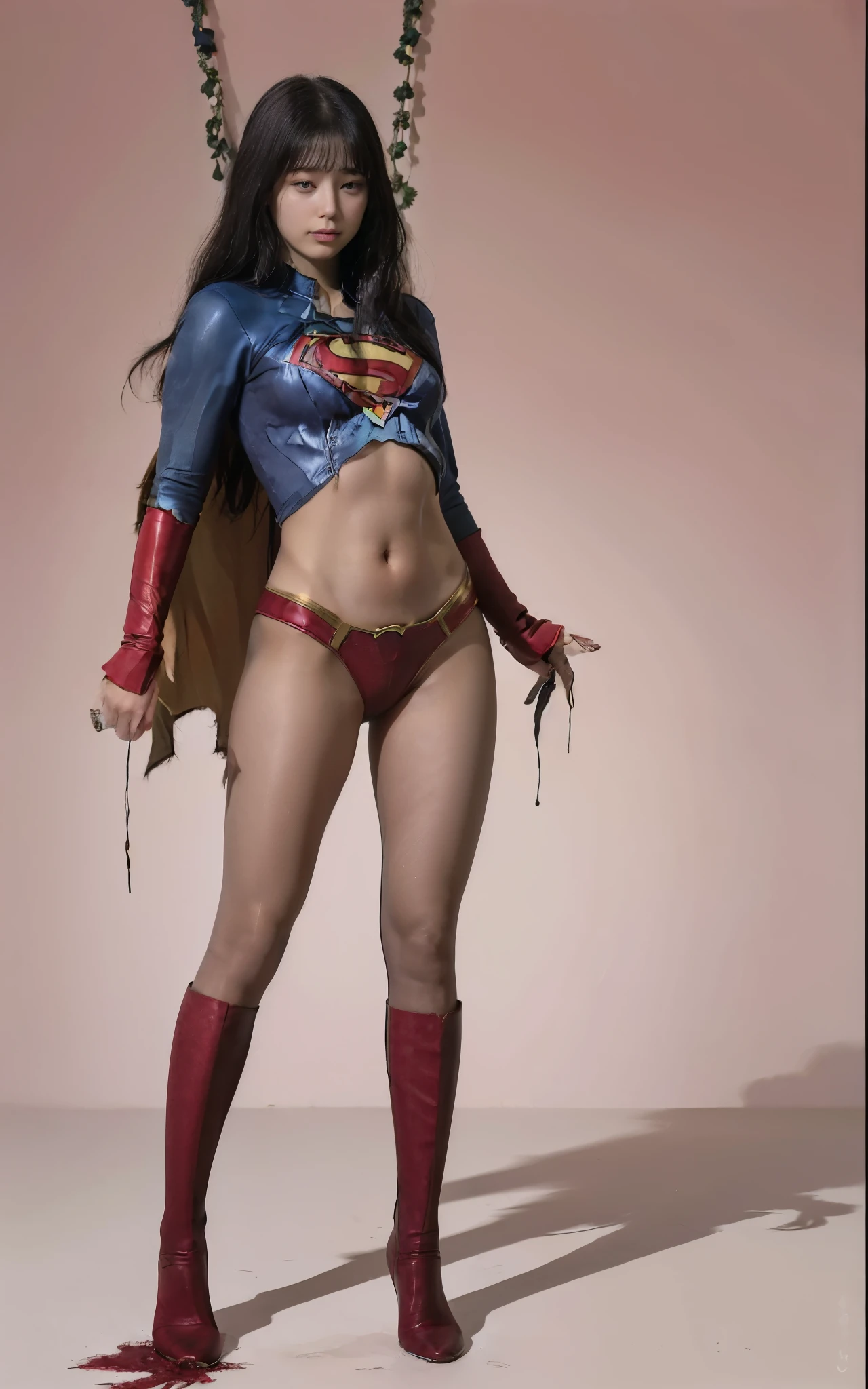 No background、(((Always close your eyes)))、(((Beautiful legs in black tights.)))、(((Legalize the beauty of your suffering face)))、((((Make the most of your original images)))、(((Supergirl Costume)))、(((Beautiful Hair)))、(((suffering)))、(((Please wear black tights....、Wear red boots)))、((Best image quality、8k))、((Highest quality、8k、masterpiece:1.3))、(((Preserve background )))、Sharp focus:1.2、Beautiful woman with perfect figure:1.4、Slim Abs:1.2、Wet body:1.5、Highly detailed face and skin texture、8k