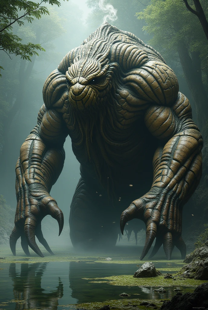 Generates an image of a monster with a truck head that has no eyes and a monster body and is on a mountain and walks on 4 legs and has no arms