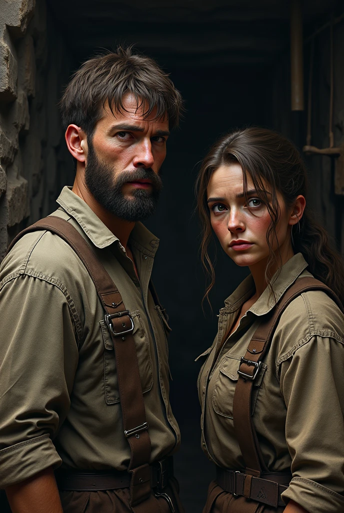 Male and female miners with lots of hair and sunken eyes, with torn clothes