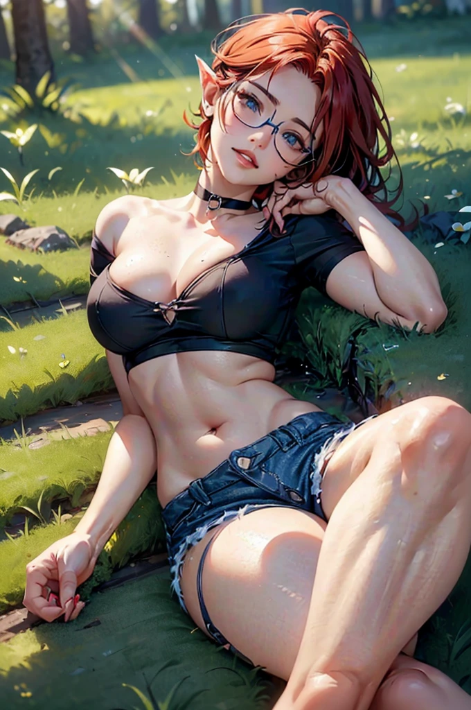 (large breasts 1.4), beautiful elf woman, ((Short Red Hair: 1.6, straight with shine)), bright blue eyes, bright eyes, double eyelids, light effect on eyes, detailed irises, sexy, curvy body, glasses,(( black tee shirt, choker, tiny denim shorts, black high heels, legs exposed,)) ((micro denim shorts, edgy sexy, Beautiful and cool, shorts)), ((work of art, hyper-realistic, hyper detailed, Best quality, 16k, light and shadow on skin, vivid colors), eyeliner, Thin eyebrows, Sensual expression, perfect lips, sexy mature face, ((skin with light and shadow) flirting seductively with the viewer, lots of freckles, full lips, extreme blush, smile, ((laying down on back on grass in forest)), daytime, noon, rays of light, masterpiece, ((head resting on top of hand tilted downwards, biting lower lip)) ((Side View)),