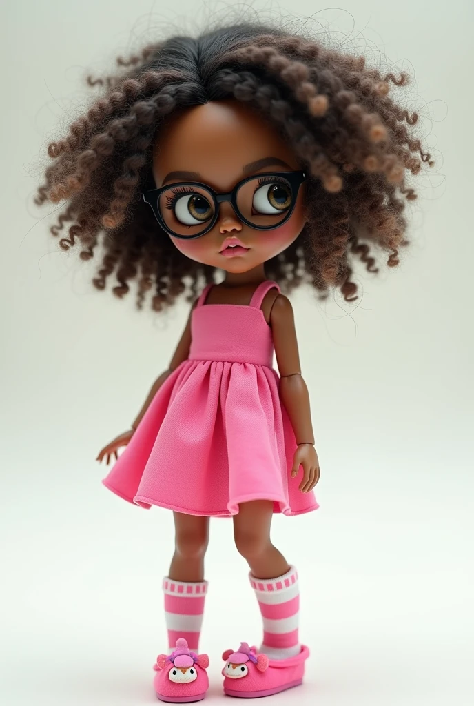Create a 3c curly blythe doll with extremely messy shoulder length hair with small straightened sections while wearing black round framed glasses. Have her wear a pink dress with thick straps that hits above her knees.. Also make her wear a pink and white striped knee-high sock with a My Melody slipper.. Make your skin look brown with simple acne on your face and without makeup. Also leave it without accessories. Make her a little fat
