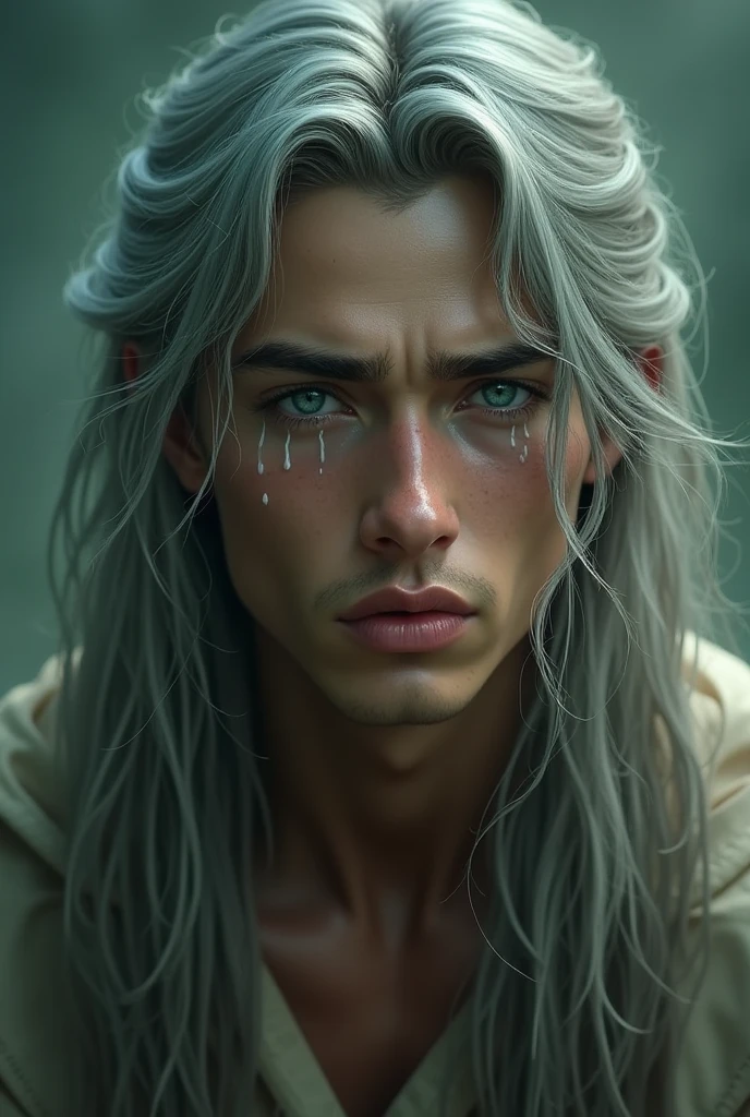 Young in love fantasy man with broken heart from fantasy world, sadness, betrayal, sorrow, anger, very beutiful young man with hunting dark big emerald green eyes full of tires, long silky like gray hair beautiful hair, athletic, king in fantasy world, broken and sad because his loved one cheated on him, so young, so broken, crying
