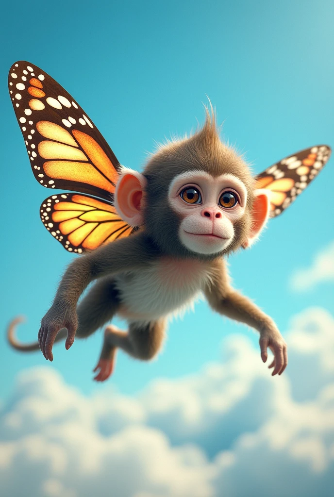 A monkey with butterfly wings flying in the sky