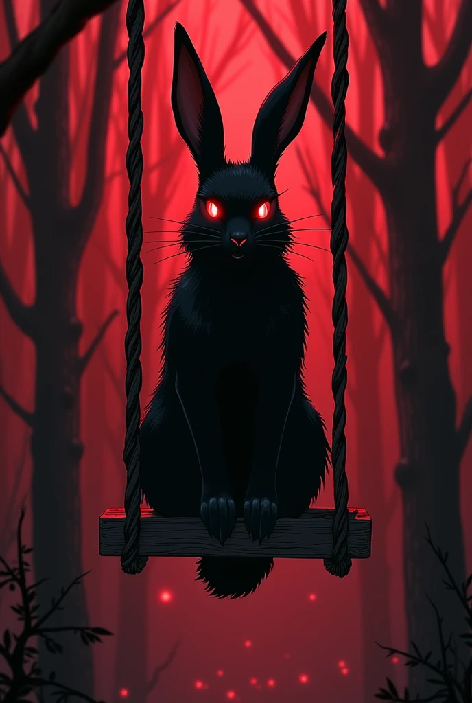 Create an anime-style visual kei music album cover, that is about a black rabbit with red eyes, cannibal who is king and ate the other rabbits, with a dark background of red and black tones like a forest, and that it is on a wooden swing