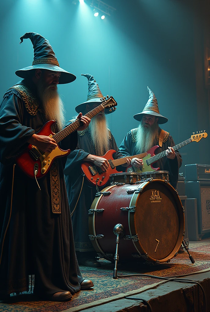 Three medieval wizards playing in a rock band (One plays the drums)