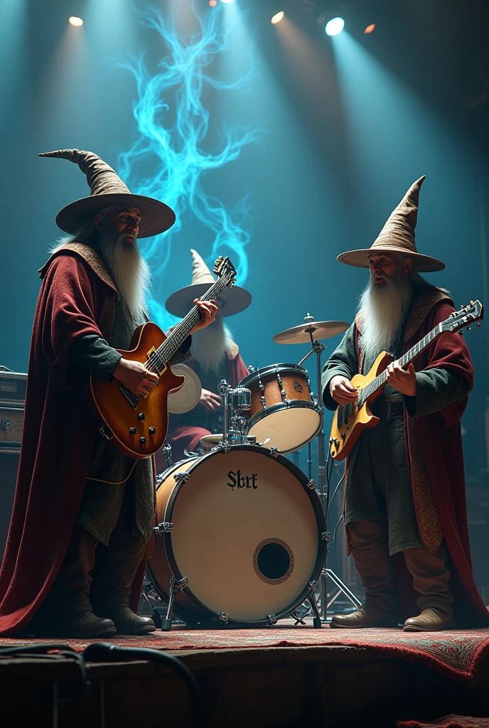 Three medieval wizards playing in a rock band (One plays the drums)