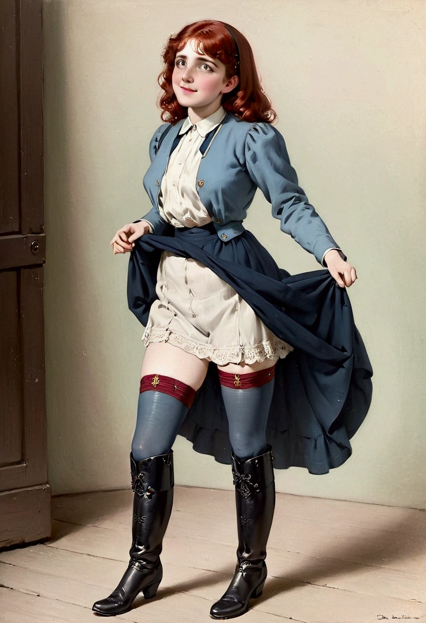 Esther Smith (Meet Me In St. Louis), a sexually attractive **** redhead Gibson Girl of the 1900s flirting with an old man, daintily lifting her skirts to reveal her stockings and boots. Year 1903. 1900_dr3ss.