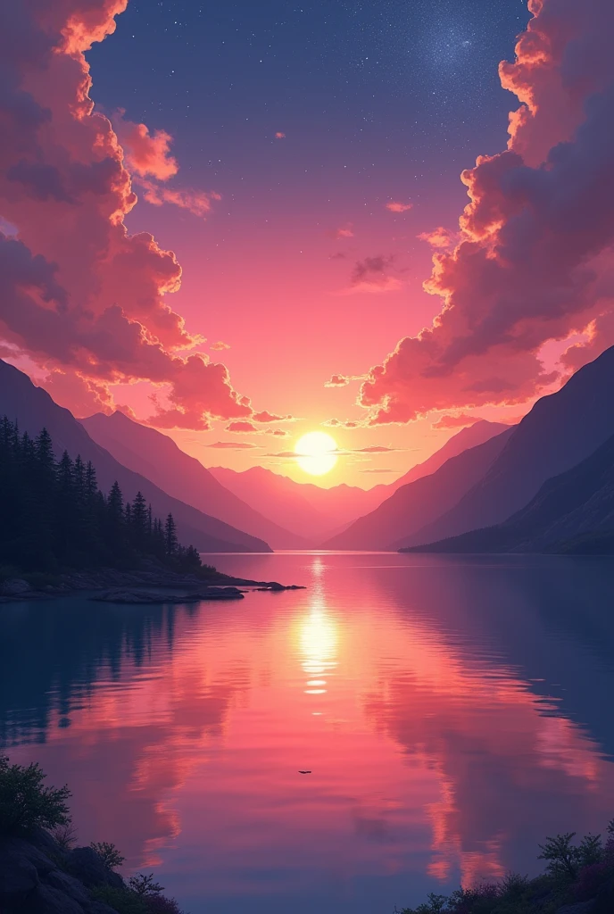 Viral anime nature wallpaper in 4K quality, in the style of photography with a 35mm lens inspired by Makoto Shinkai, capturing a breathtaking sunset over a tranquil lake, the sky painted in hues of orange and pink, with a silhouette of mountains in the background; warm and serene color temperature, cosmos lighting with stars twinkling in the sky, no human characters, the atmosphere is peaceful and reflective