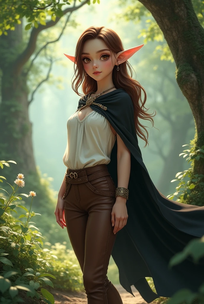 Sweet Elf woman with brown hair, brown pants and white tunica in the forest. Young woman. Black cape. elf ears. Anime realystic style. Black cape. Brown leather pants