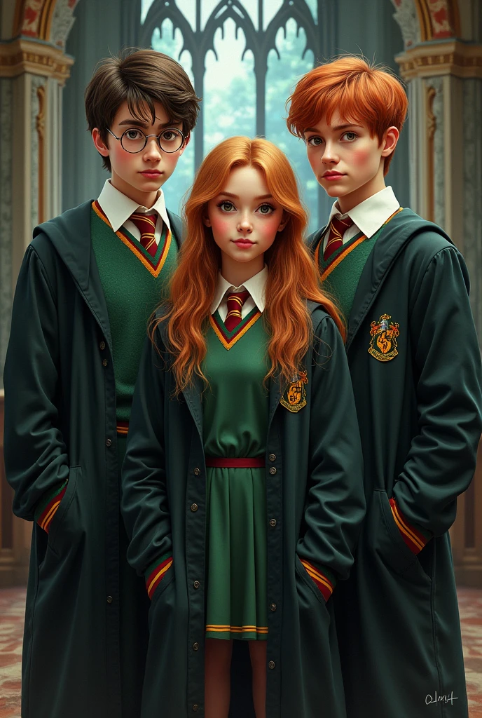 Harry potter, hermione granger y ron weasley con una chica de slytherin