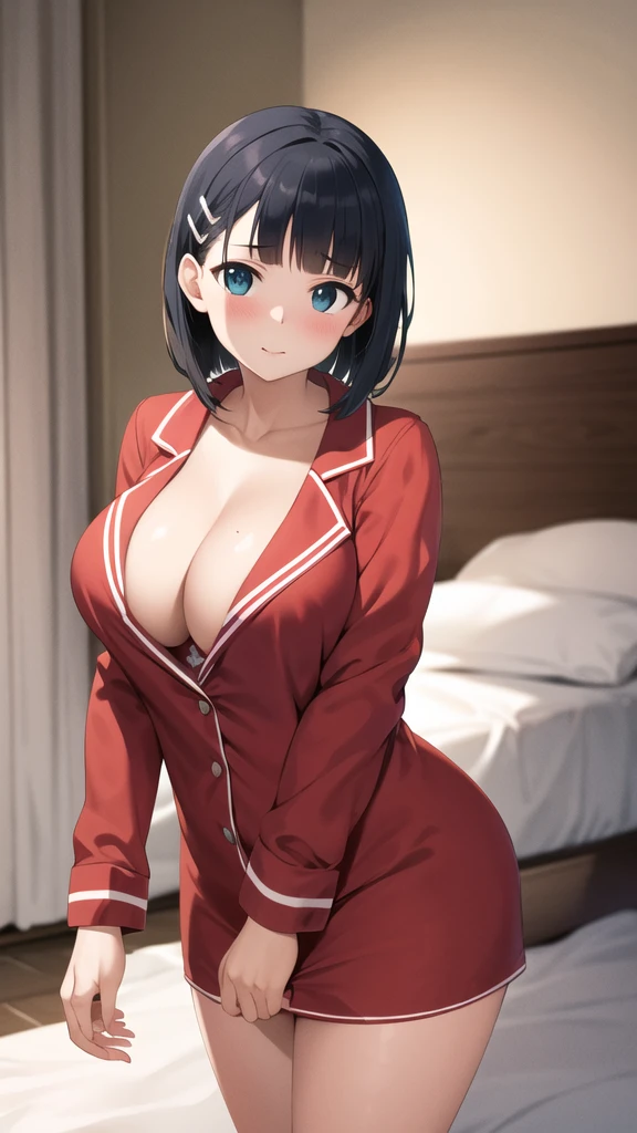 masterpiece, best quality, highres, aasugu, short hair, hairclip, cleavage, pajamas, red shirt, dress shirt, bare legs, standing, cowboy shot, indoors, room
