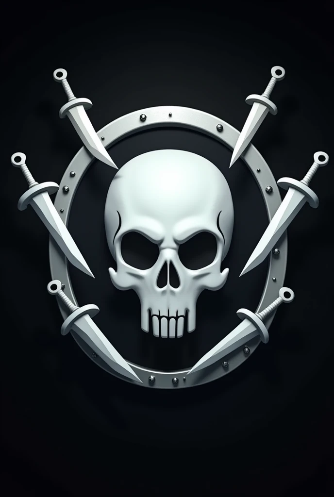 PALE SKULL LOGO WITH SILVER FRAME AND MYTHICAL WHITE SWORDS AND KNIVES BLACK BACKGROUND ANIMATED CARTOON