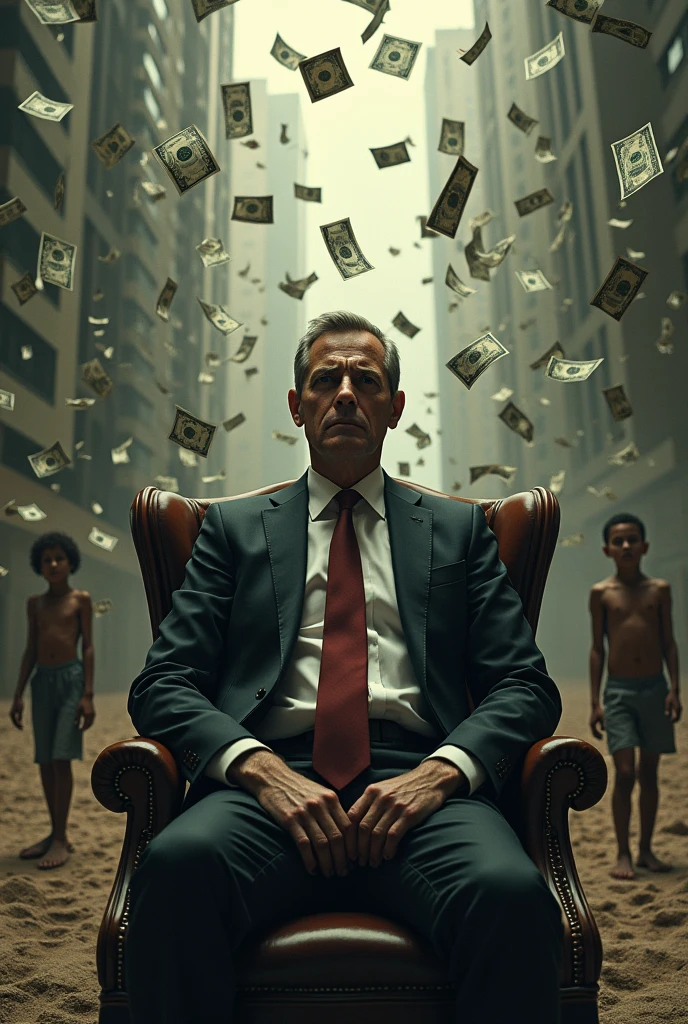 Create an image of a politician sitting in Brasilia under a shower of dollars while in the distance a hungry is separated from him by a hole in the ground.