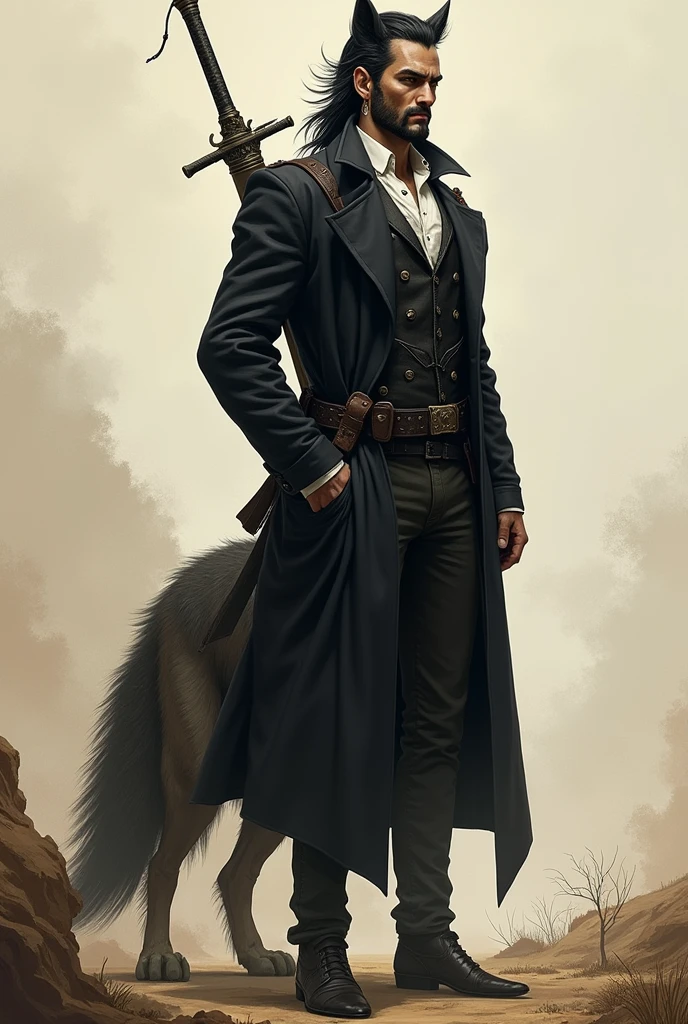 He is a tall indigenous man, 2 meters tall, with a square face and short dark hair and a beardless face with a smooth beard. His eyes are wolf-like and one of them is closed with pointy ears with earrings. He wears a dark black overcoat with a white shirt underneath in the style of formal wear and has a strong physique but is half wolf from the hips down with only wolf legs and a tail. A large sword is strapped to his back. I would like the art in a fantasy RPG style. In the Old West