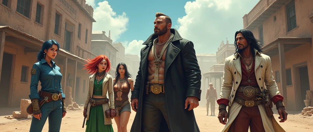 i would like the following caracthers in the same image in a fantasy rpg style in the old west,
Alice:She is woman standing around 1.70 meters tall. She has a dark blue hair, blue eyes, and wears welding goggles on her head. Her skin is fair, and she dresses in a jumpsuit over a shirt and pants, with iron boots. She carries tools in the pockets of her jumpsuit.
Solis:She is a mature woman,but at the same time very cute, standing at 1.70 meters tall, with fluorescent red hair that emits a natural glow. She has a beautiful face, green eyes, and a warm, tan complexion. An American by origin, she wears a green mage's robe, along with pants and boots. She carries a small pouch and a book.
George:He is a man standing at 1.15 meters tall with a normal build. He has medium-length brown hair and he has a Friendly Mutton Chops. He is very well-dressed in a blue suit with a red tie. He carries the legendary sword Excalibur and has a magnificent and especially calming presence.
Anderson:He has very short, closely shaved brown hair, a well-groomed short beard close to his face, and green eyes. He stands at 1.75 meters tall and has a strong build. He wears a white trench coat, fastened with a brown belt and adorned with gold details. He carries a sword and always seems to look visually angry, yet he is very protective of those he loves.
Mason:He has brown hair styled in a quiff and a slightly long, messy beard. His right eye is brown, while his left eye has a black sclera with a yellow iris. He wears an open black trench coat with red details, a disheveled brown shirt underneath, and tattered black pants. A large golden buckle adorns his waist. His most striking feature is his demonic left arm. He also has a scar on his face. He is American, with a strong sense of brotherhood, and is always seen smoking. i would like the art in a fantasy rpg style, in the old west
Arawak:He is a tall, 2-meter indigenous man with long dark hair and a square face. His eyes are completely white.