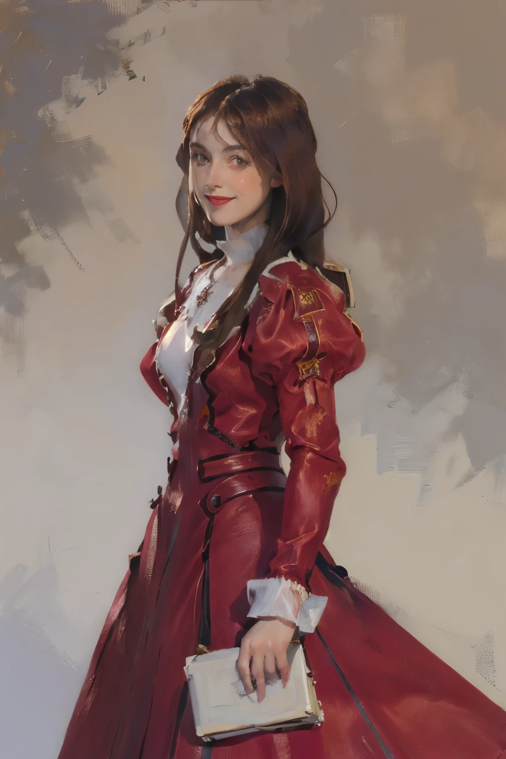 (artwork, best quality:1.2), ultra-detailed, beautiful face, Alone, 1 girl, Erica Fontaine, European, European girl, Dark red hair, Brown eyes, smile, Looking at the viewer, arms behind back, long hair tied up, red dress, cross, long sleeves, juliet sleeves, jewel, cross necklace