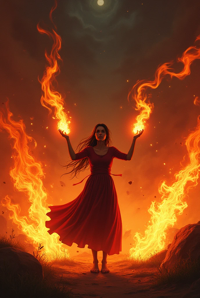 Saiba Momoi raising her hands in flames
