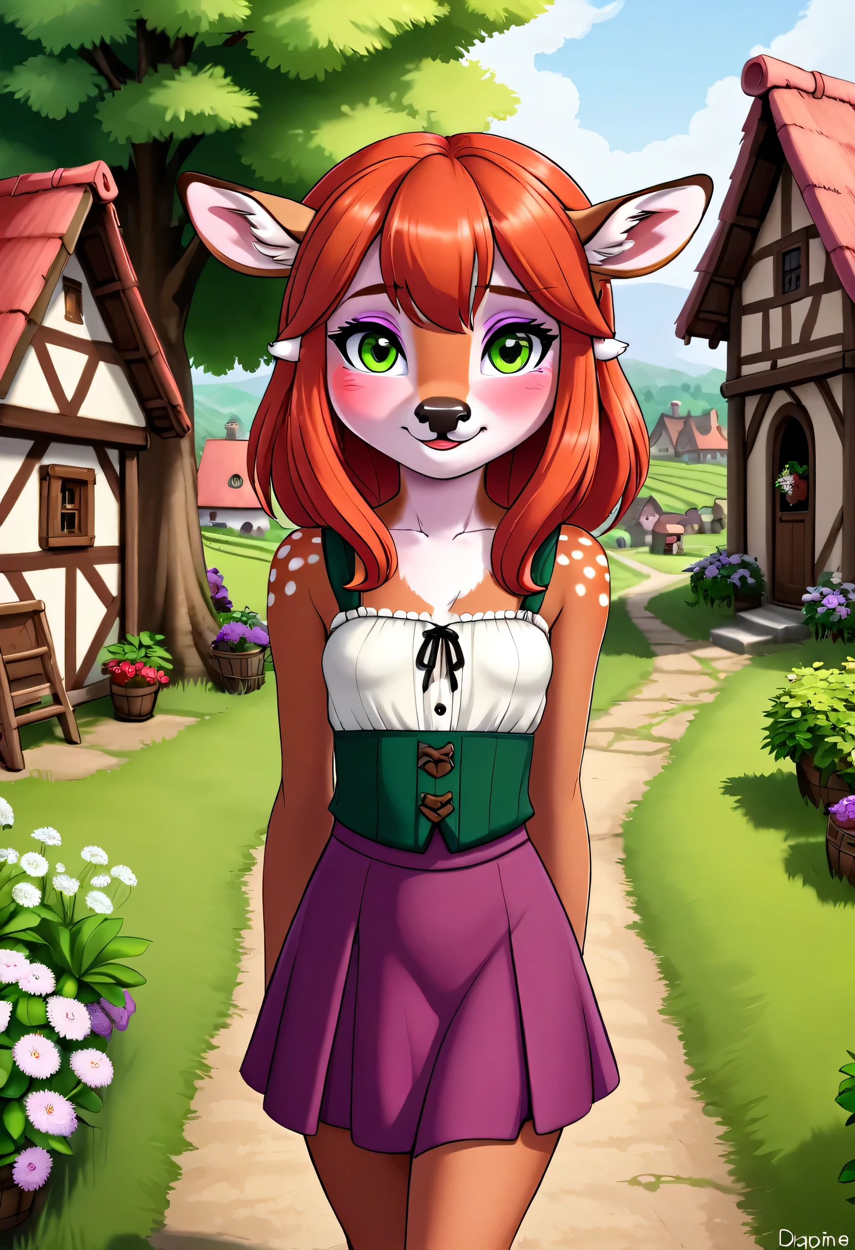 A deer girl named Daphne, her fur is auburn colored, her shoulder length hair is red, and her eyes are green. She has a slender body and small perky breasts. She is wearing villagers clothing. Daphne wants to mate with viewer causing her to blush. She is welcoming the viewer home.